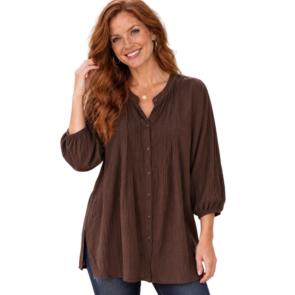 Lauren Ralph Lauren Chocolate Brown Tunic Womens Large Pintucked Longline Top